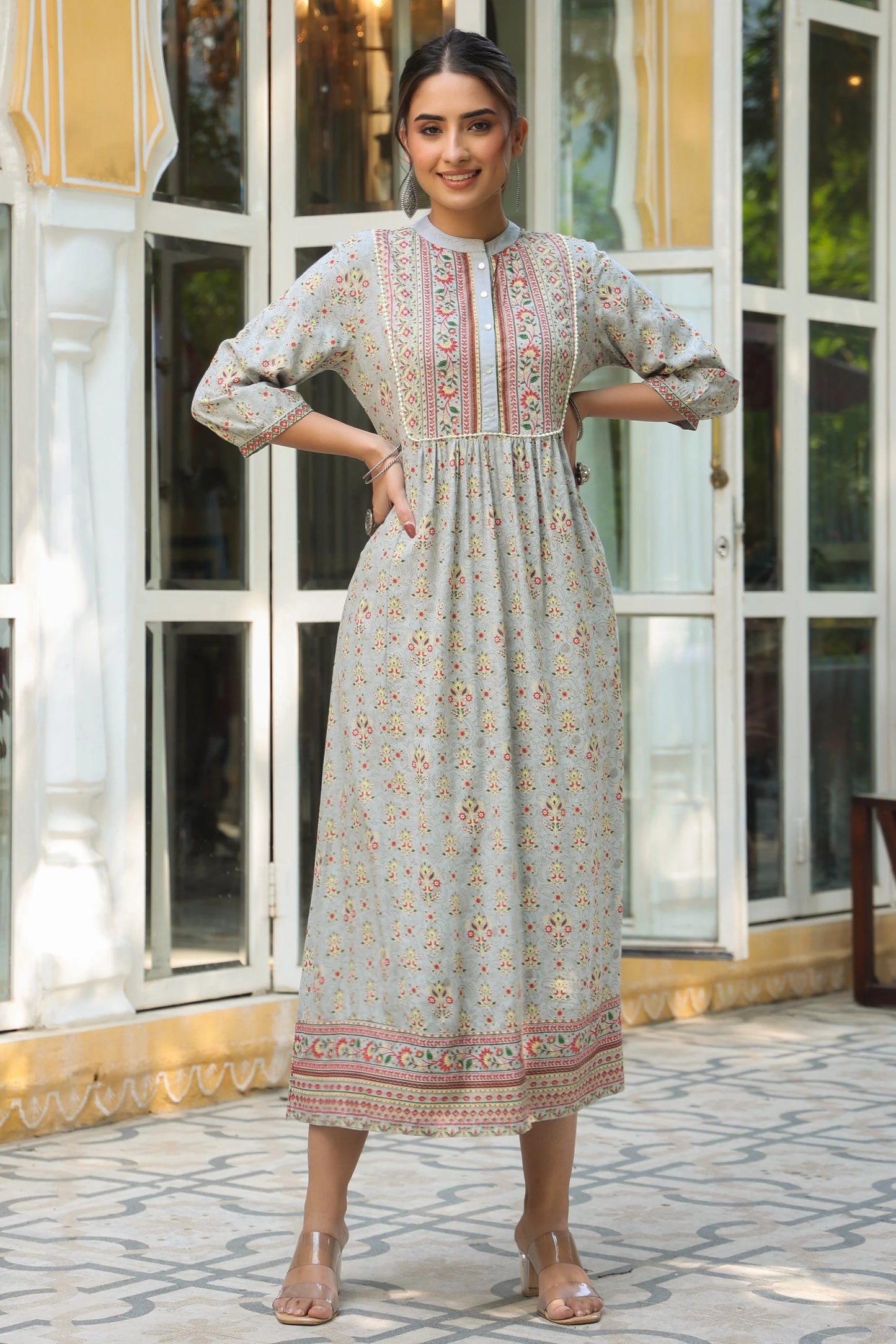 MCJUN-2678 Grey LIVA Printed A-Line Dress
