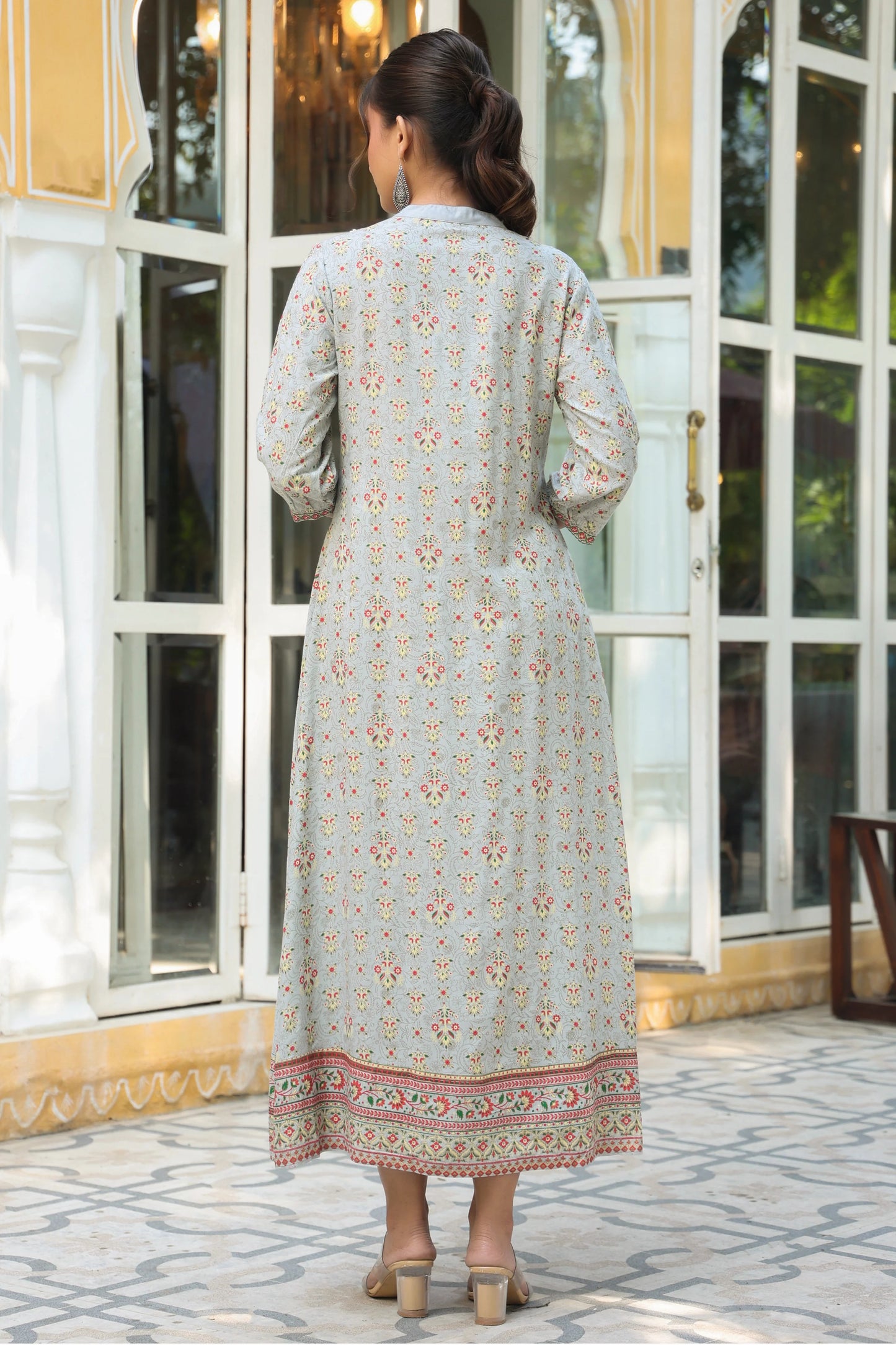 MCJUN-2678 Grey LIVA Printed A-Line Dress