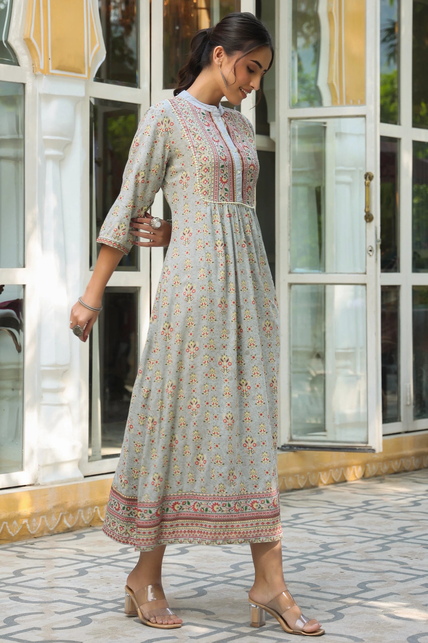 MCJUN-2678 Grey LIVA Printed A-Line Dress