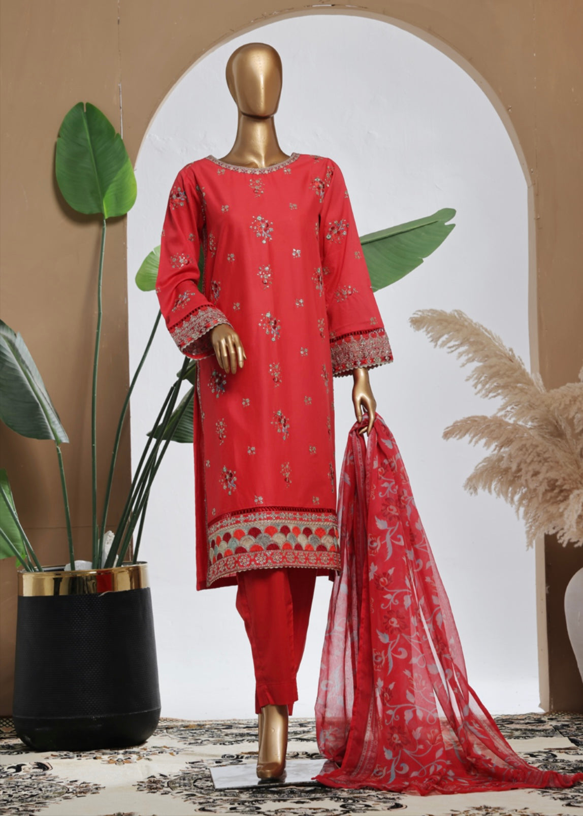 MCBS2013-LUXURY EMBROIDERED COTTON SUIT WITH CHIFFON DUPATTA