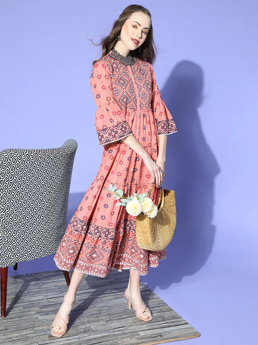 MCJUN-2465 Peach Cambric Printed Tiered Dress