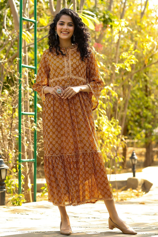 MCJUN-2518 Brown Georgette Printed Flared Dress