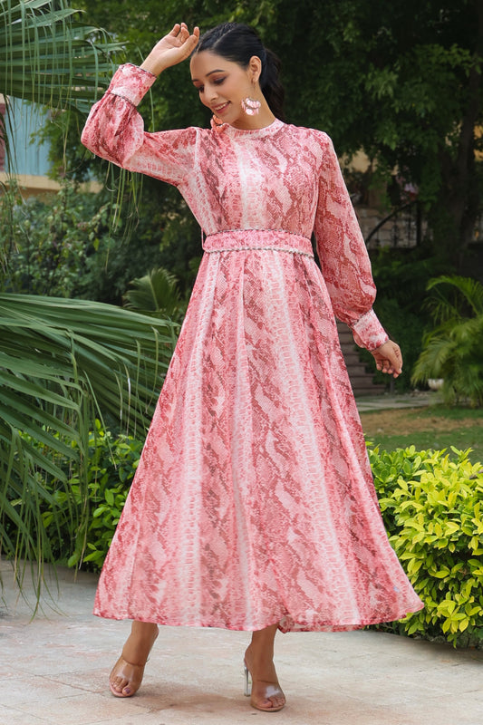 MCJUN-2525 Peach Chiffon Flared Printed Dress With Tie-up Blet