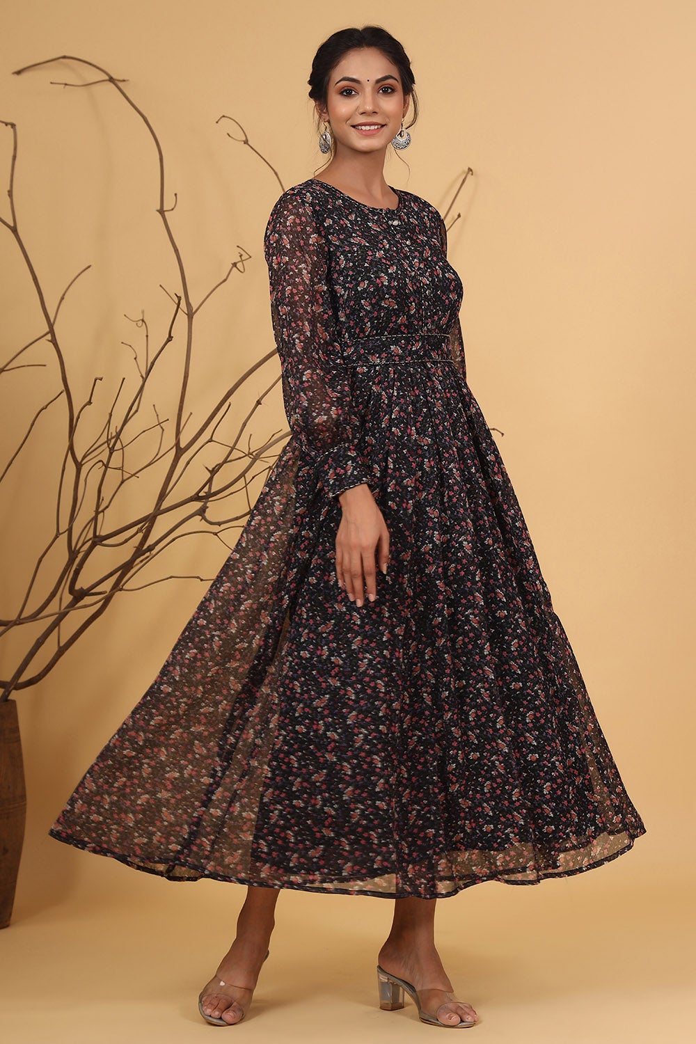 MCJUN-2528 Navy Chiffon Flared Printed Dress With Tie-up Blet
