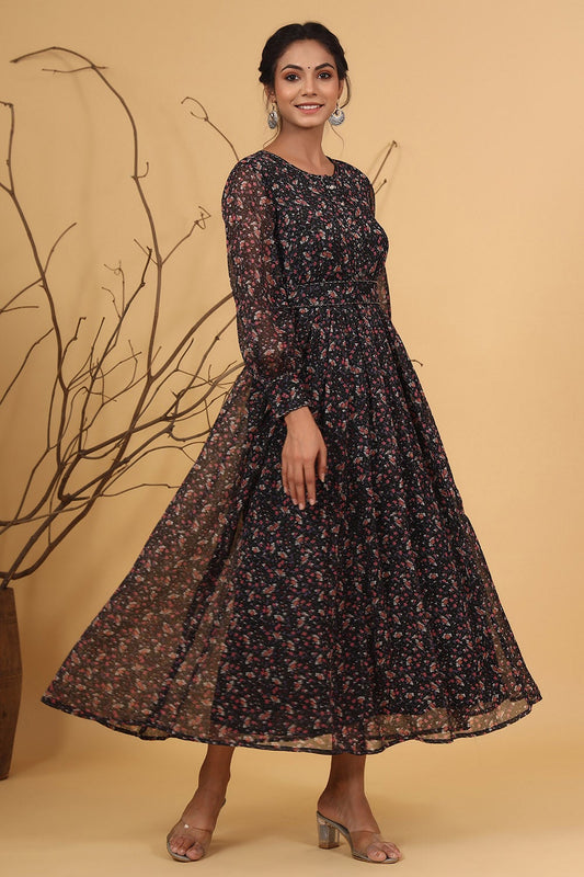 MCJUN-2528 Navy Chiffon Flared Printed Dress With Tie-up Blet