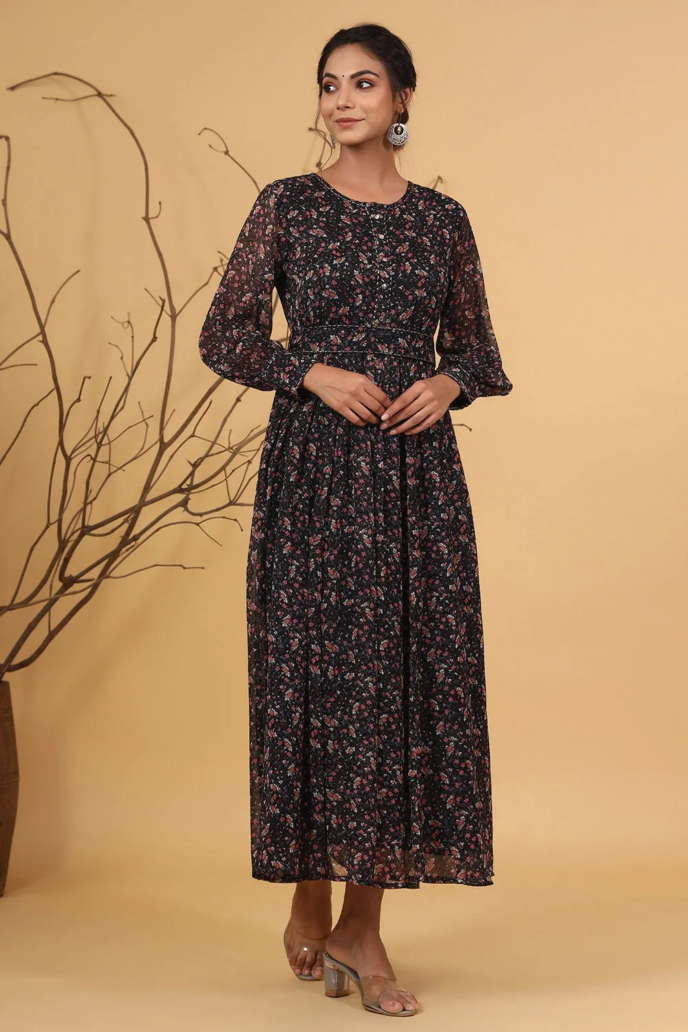 MCJUN-2528 Navy Chiffon Flared Printed Dress With Tie-up Blet