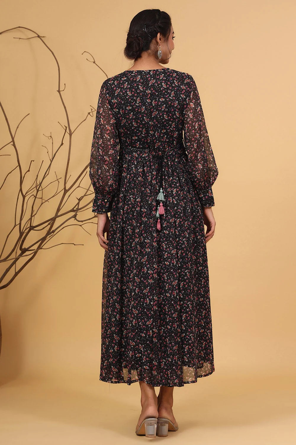 MCJUN-2528 Navy Chiffon Flared Printed Dress With Tie-up Blet