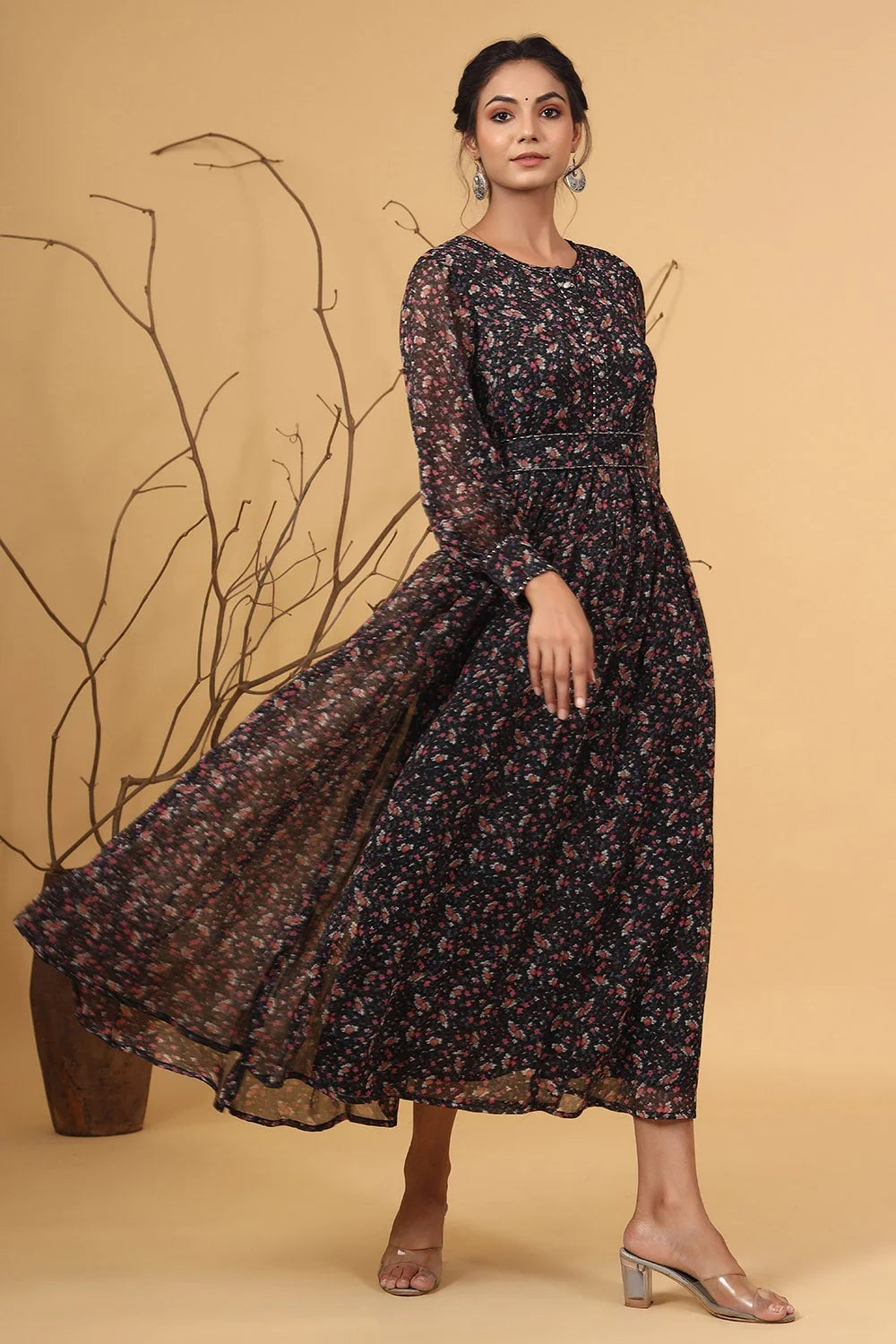 MCJUN-2528 Navy Chiffon Flared Printed Dress With Tie-up Blet