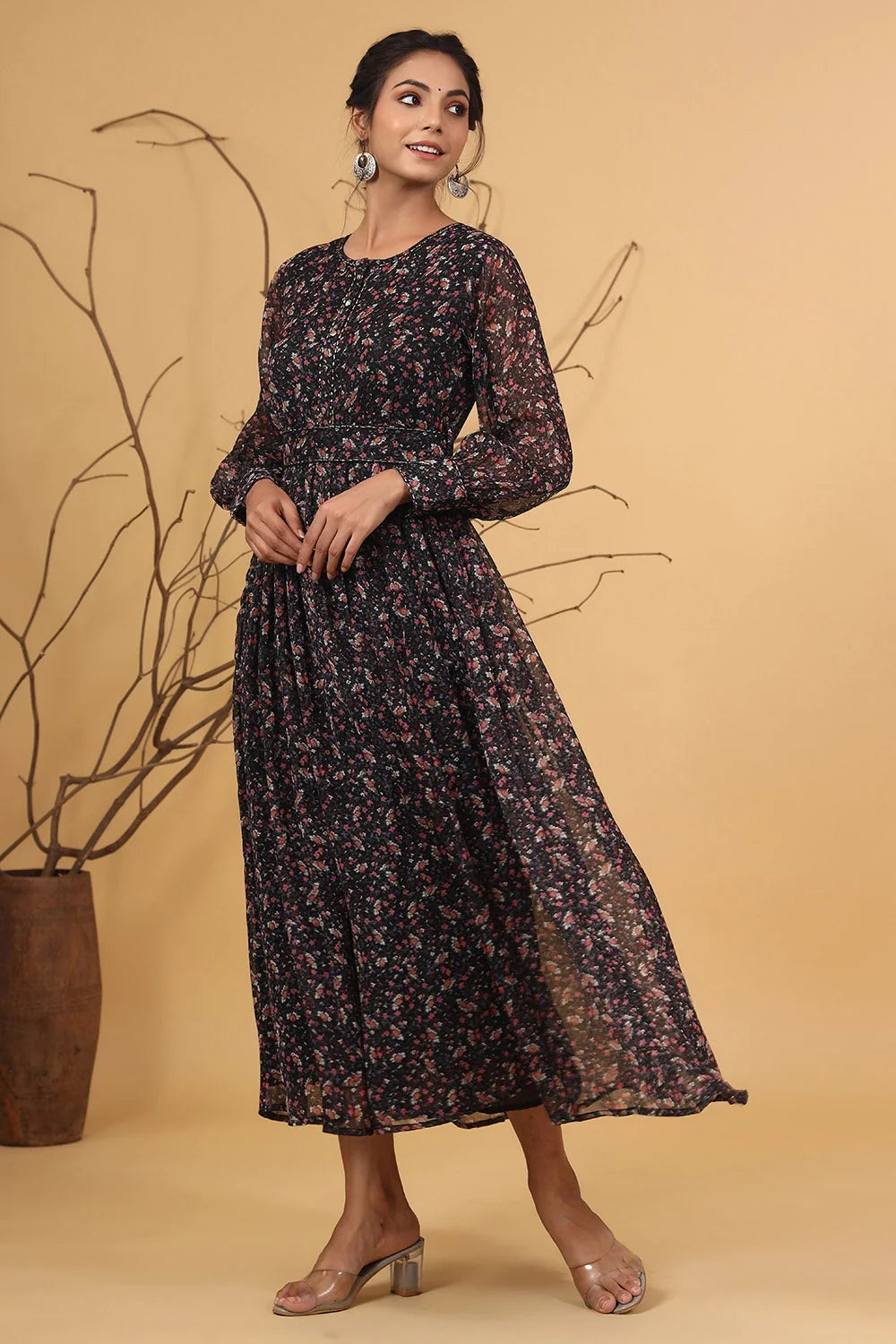 MCJUN-2528 Navy Chiffon Flared Printed Dress With Tie-up Blet
