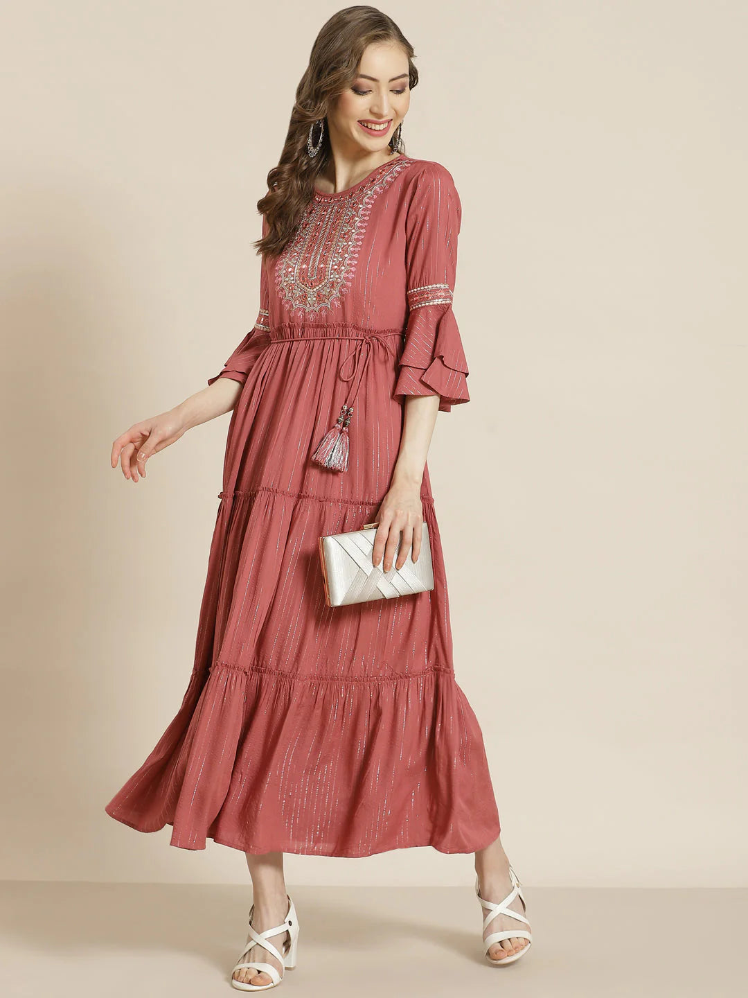 MCJUN-2618 Rosepink LIVA Embroidered Tiered Dress