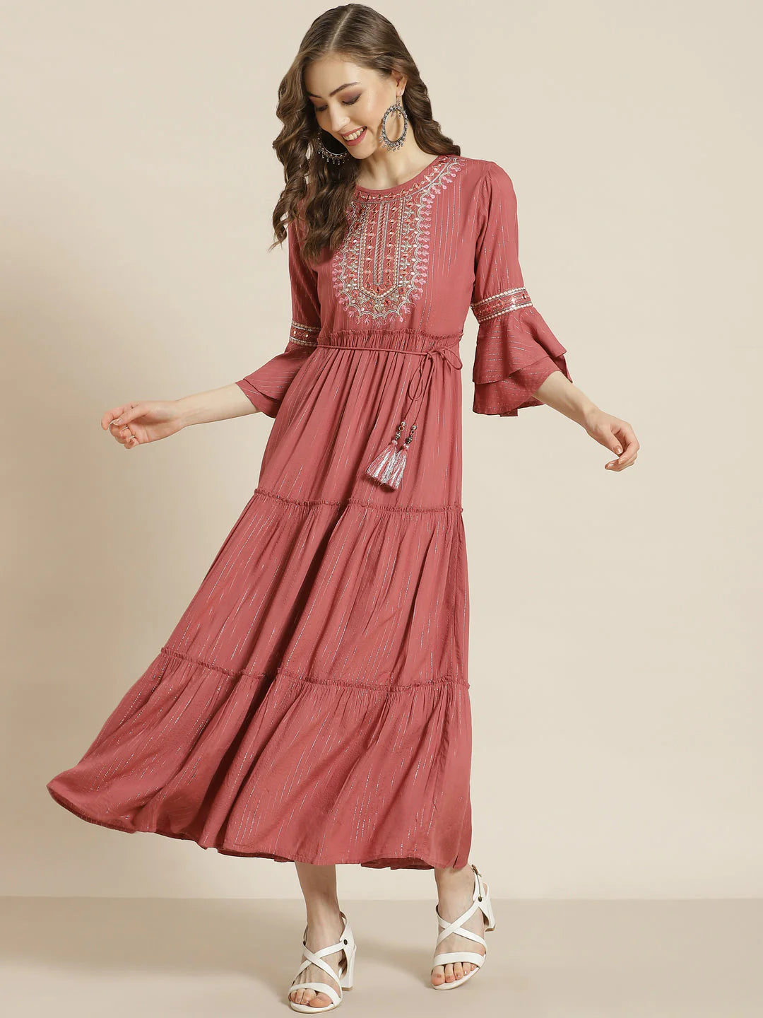 MCJUN-2618 Rosepink LIVA Embroidered Tiered Dress