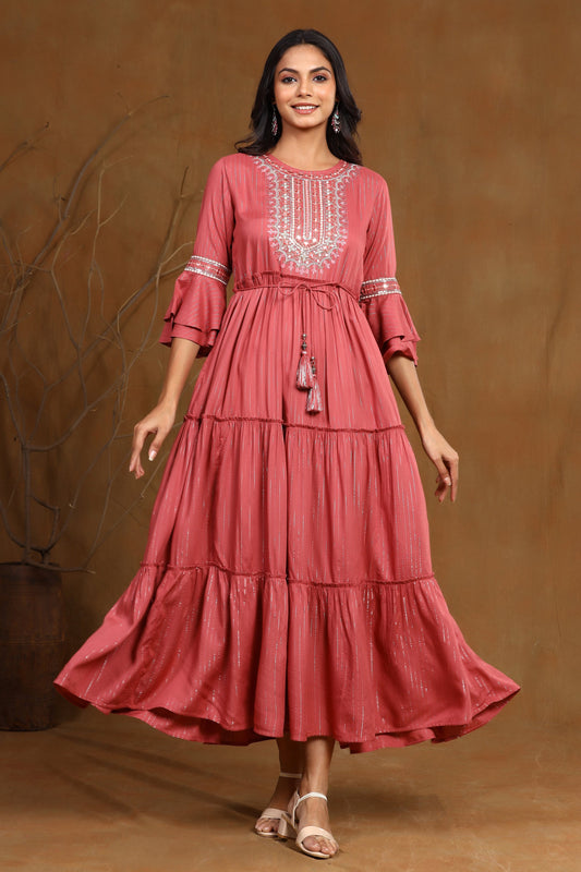 MCJUN-2618 Rosepink LIVA Embroidered Tiered Dress