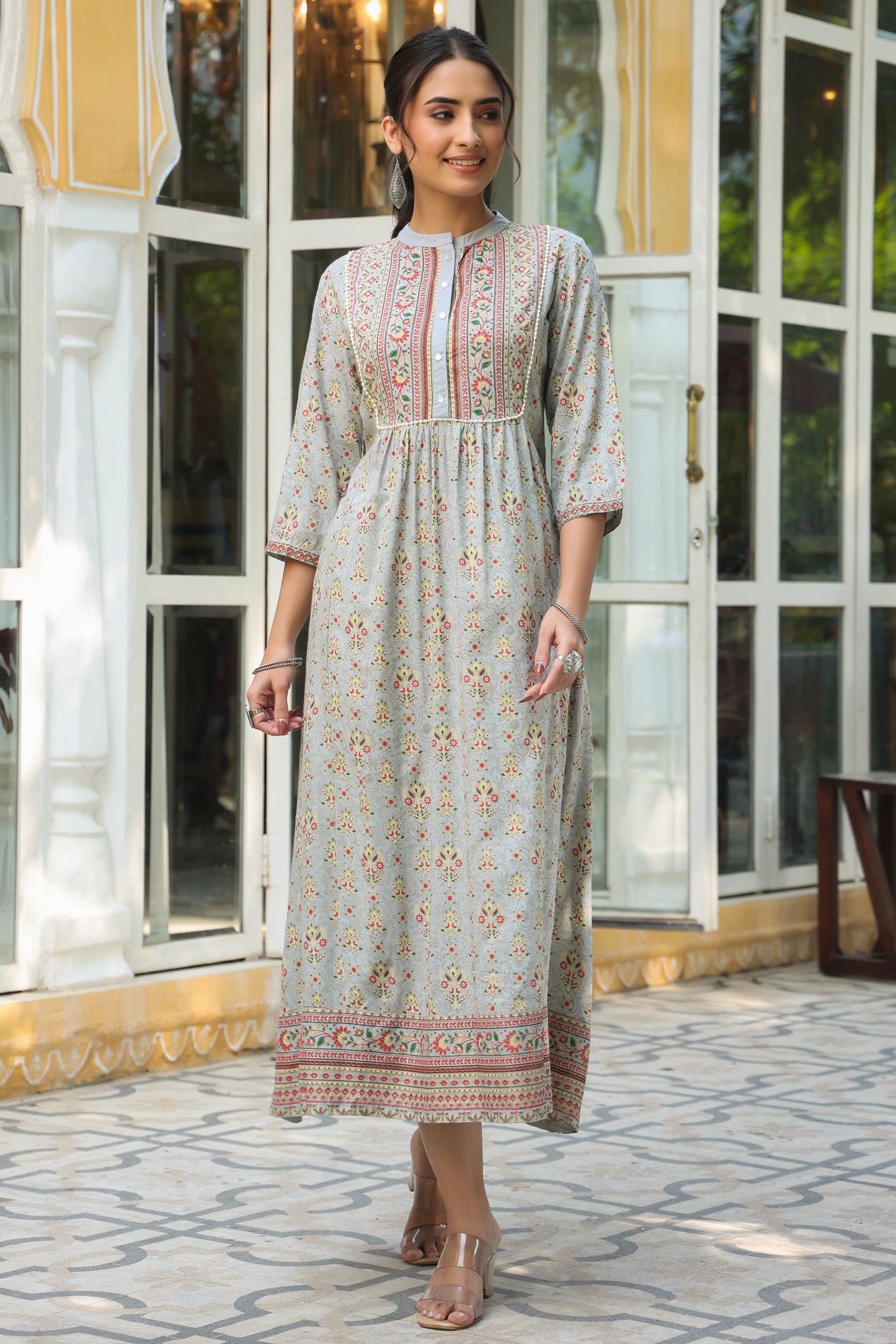 MCJUN-2678 Grey LIVA Printed A-Line Dress