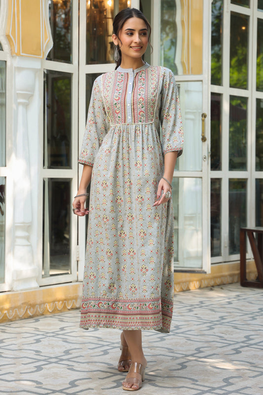 MCJUN-2678 Grey LIVA Printed A-Line Dress
