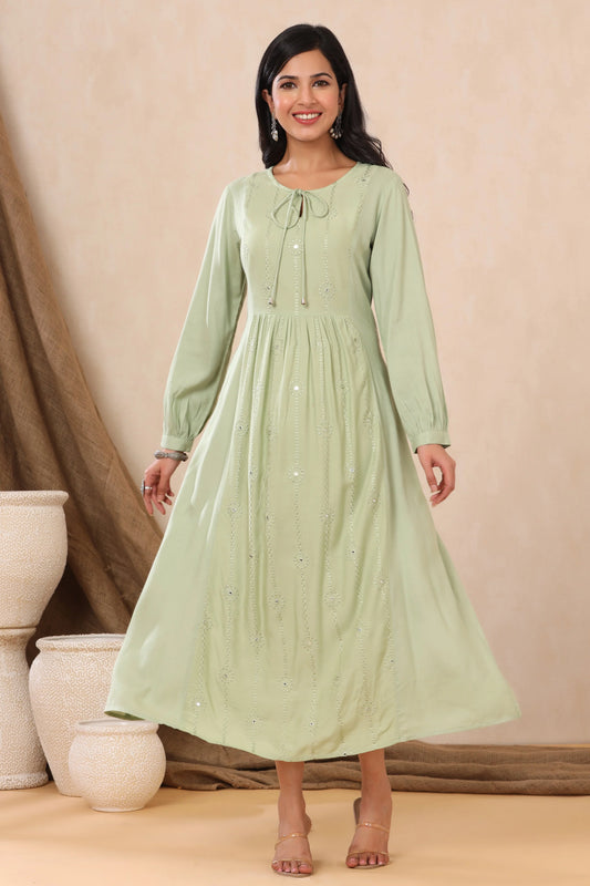 MCJUN-2861 LIGHT OLIVE LIVA EMBROIDERED A-LINE DRESS