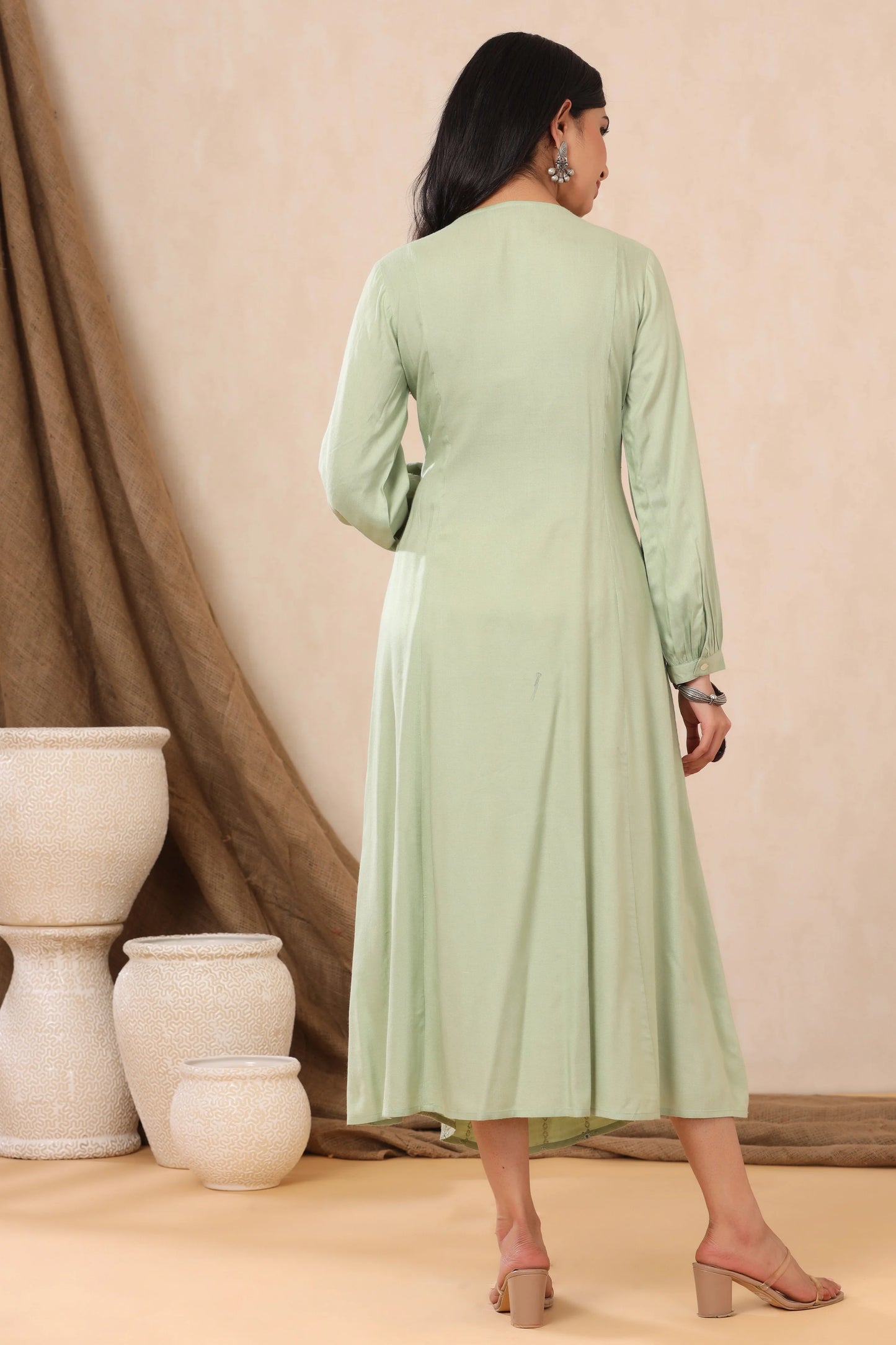 MCJUN-2861 LIGHT OLIVE LIVA EMBROIDERED A-LINE DRESS