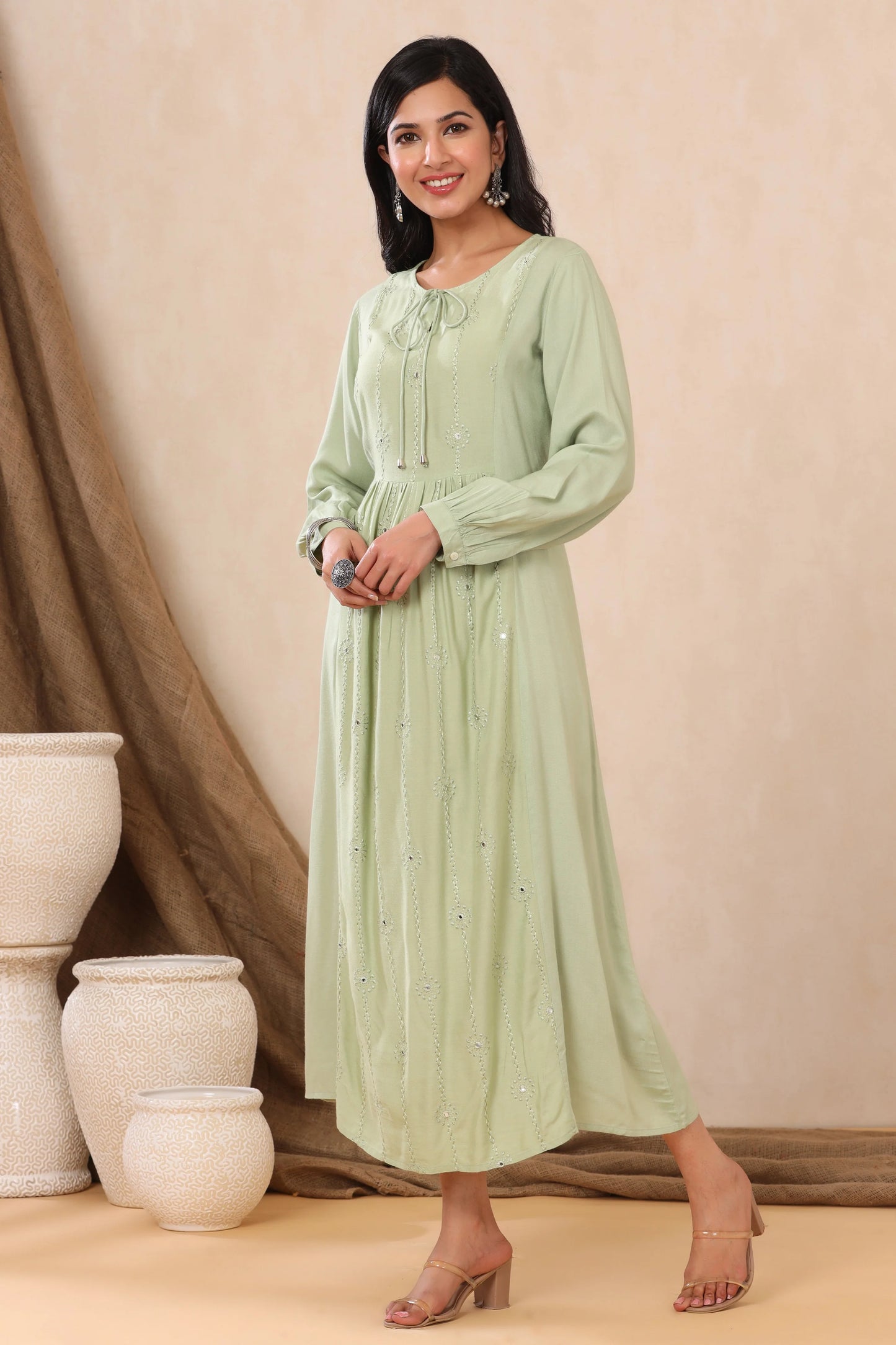 MCJUN-2861 LIGHT OLIVE LIVA EMBROIDERED A-LINE DRESS