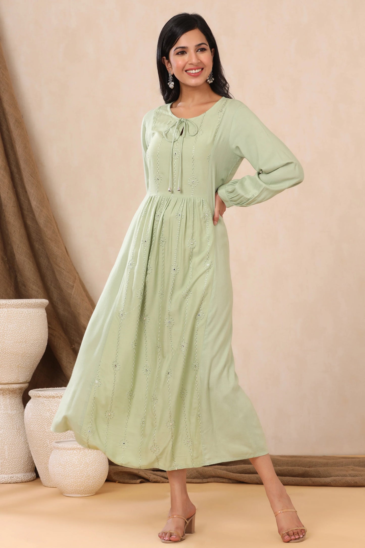 MCJUN-2861 LIGHT OLIVE LIVA EMBROIDERED A-LINE DRESS