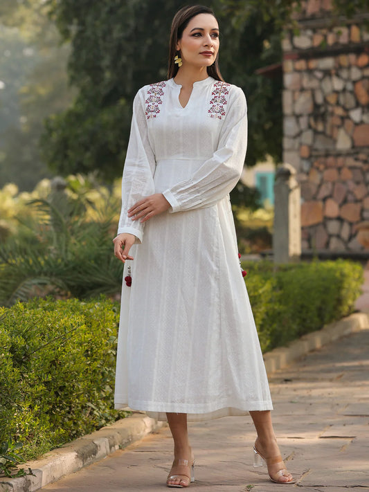 MCJUN-3079MULTI-COLOURED COTTON DOBBY EMBROIDERED FLARED MAXI DRESS