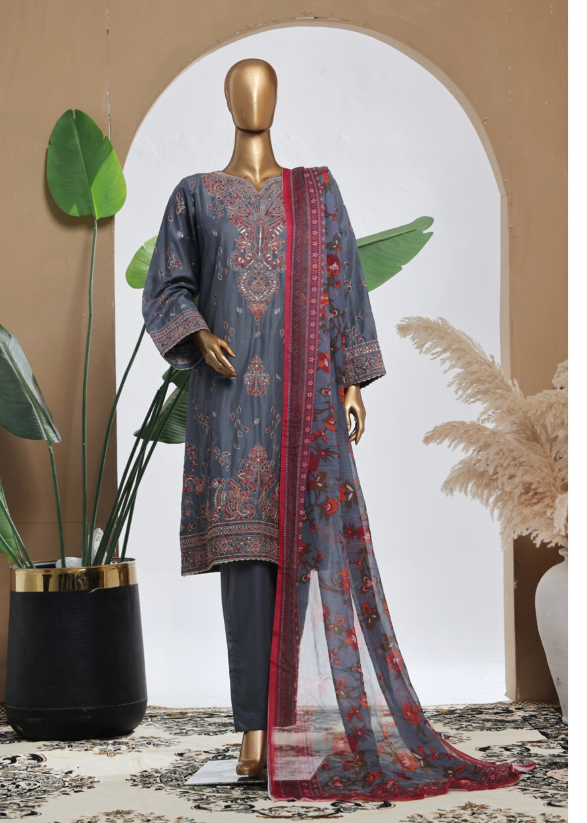 MCBS2006-LUXURY EMBROIDERED COTTON SUIT WITH CHIFFON DUPATTA