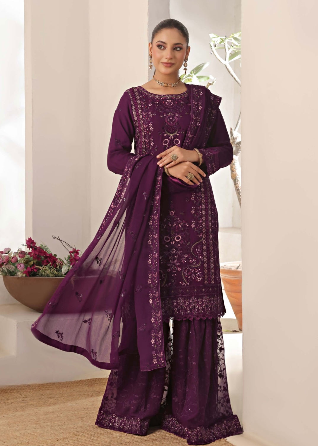 MCWU102-CHIFFON EMBROIDERED GHARARA COLLECTION