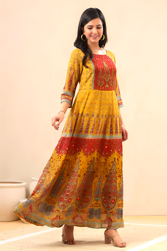 MCJUN-9749 MUSTARD GEORGETTE PRINTED ANARKALI DRESS