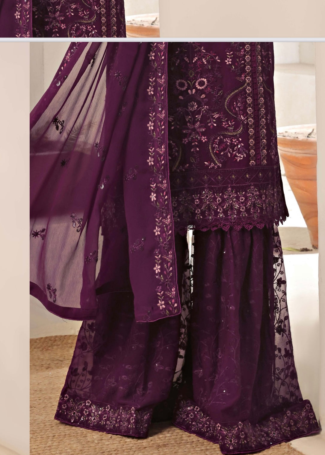 MCWU102-CHIFFON EMBROIDERED GHARARA COLLECTION